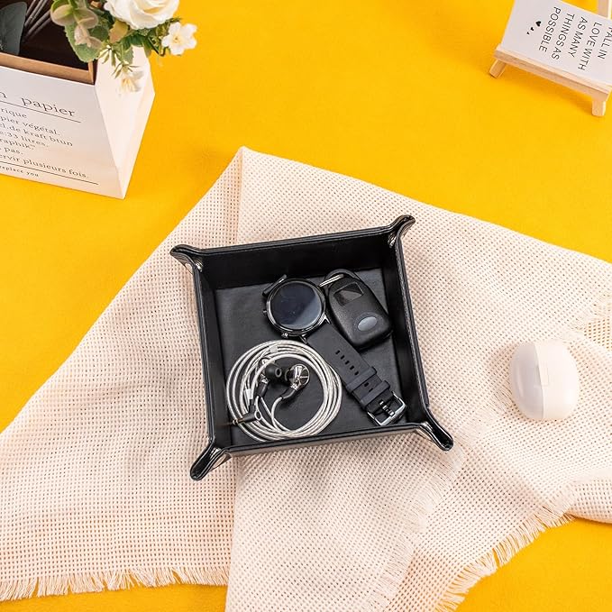 PU Leather Valet Tray for Mens and Women Catchall Tray for Keys,Watch,Jewelry Small Nightstand Bedside and Entry Table Tray Gift for Dad Husband (Black)