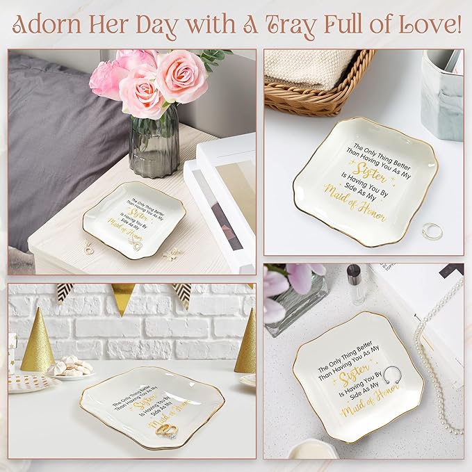 OASSIE Christmas Maid of Honor Gifts for Women - 4"x4" Ceramic Jewelry Dish Tray - Christmas Wedding Bridesmaid Gifts for Sister, Ring Holder for Women, Jewelry Tray for Maid of Honor Proposal
