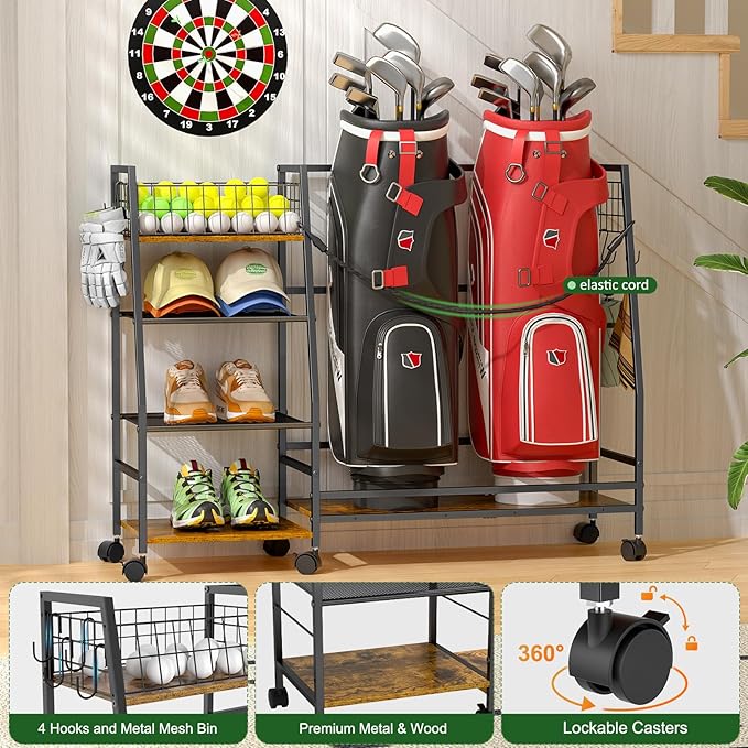 Golf Bag Storage Rack for Garage with Wheels, Organizer for Golf Bag and Equipment Accessories, Golf Organizer Stand Ideal for Home, Garage, Club, Shed, Basement - Sturdy and Durable (Black)