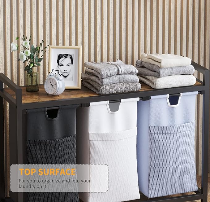 Laundry Basket Three Laundry Hamper with Removable Bags, Fabric Handles, Large Top Shelf and Laundry Bag for Bathroom, Dorm, Laundry Room