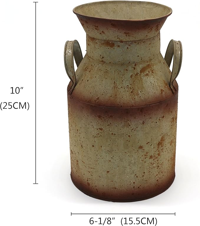 CVHOMEDECO. Farmhouse Galvanized Metal Milk Can, Old Rustic Primitives Jug Vase for Home and Garden Décor. Grey
