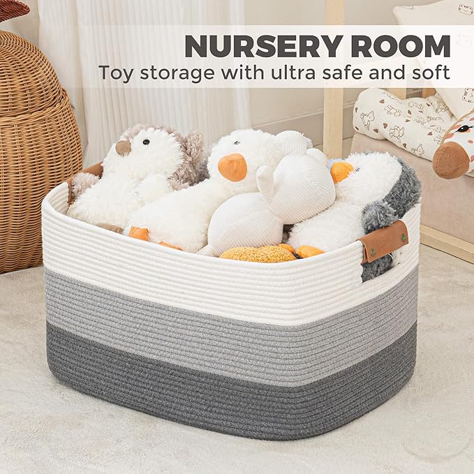 danpinera Blanket Basket, 72L Rectangle Large Basket for Living Room, Baby Room & Laundry, Woven Cotton Rope Toy Bin Baby Nursery Room Storage, 22’’*17’’*11.8’’, Gradient Grey