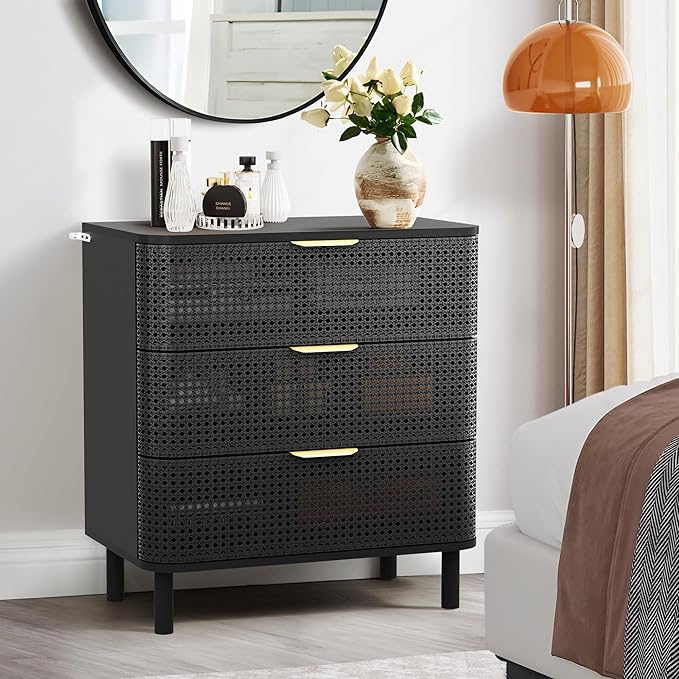 ORRD 3 Drawer Dresser, Modern Iron Rattan Cabinet Dresser for Bedroom, Large Nightstand Accent Storage Chest of Drawers for Living Room, Bedroom - Black