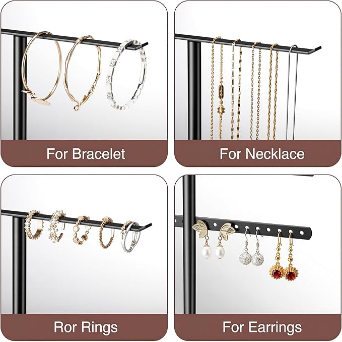 pickpiff Jewelry Stand Organizer, 14.5" Tall Sturdy Metal, 3-Tier Jewelry Holder for Necklace, Earring, Bracelet, Ring, Hanger for Display and Storage, Aesthetic Room Decor, Black