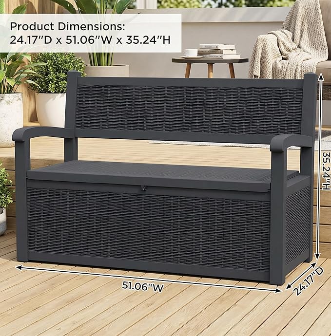 80 Gallon Outdoor Storage Bench, Waterproof Patio Deck Box with Lockable Lid for Garden & Porch, All-Weather Resin Furniture for Cushions, Tools, Pool Accessories