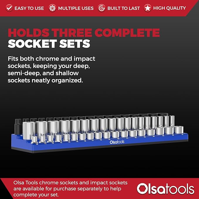 Olsa Tools Magnetic Socket Organizer (1/2-Inch Drive, 3 Row) - Magnetic Tool Organizer & Socket Holder - Tool Box Socket Organizers - Metric Blue - Holds 54 Sockets - Professional Grade - Part: 1555