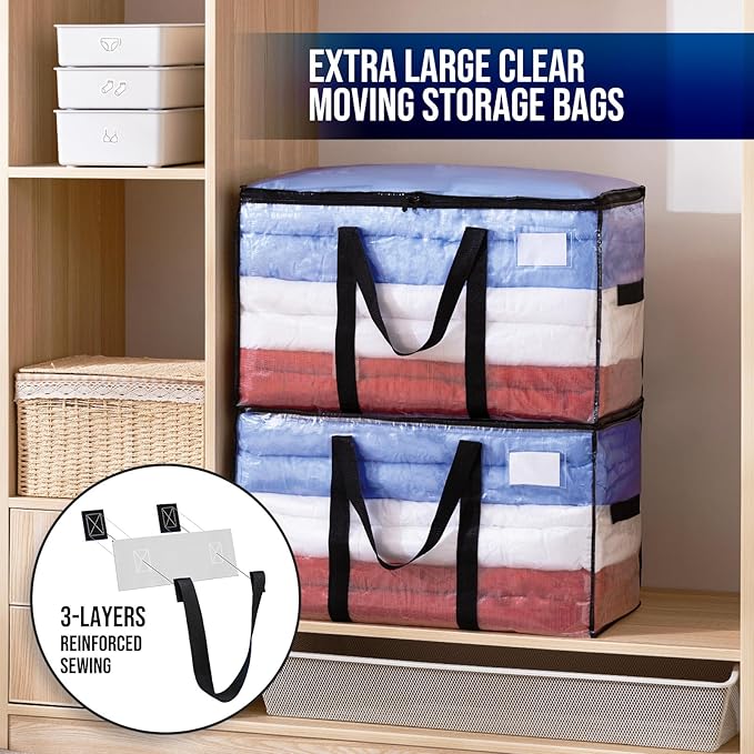 TAILI Extra Large Moving Bags, 12 Pack Clear Heavy Duty Totes for Storage with Visible Window, Wrap Around Handles, Storage Bags for Space Saving, Alternative to Moving Boxes