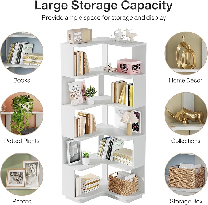Tribesigns 6-Tier Corner Bookshelf, 64.96 Inch Tall Bookcase with Anti-Drop Panel, Modern Freestanding Corner Shelf Display Rack Storage Organizer for Home Office, Living Room, Silver Gray