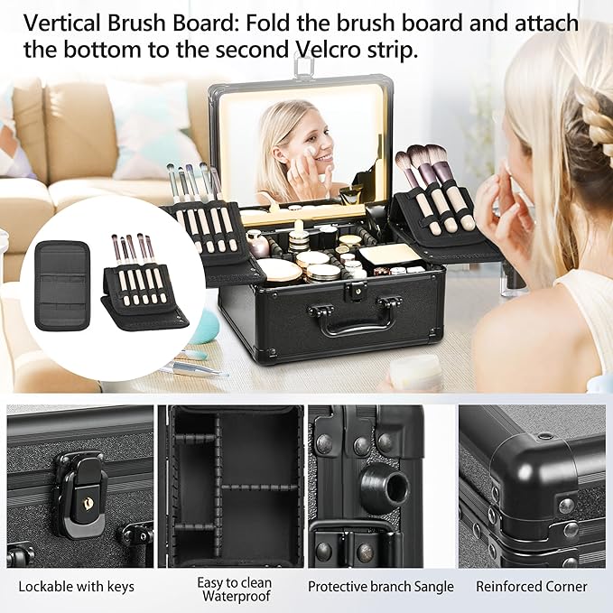 Makeup Case with Lighted Mirror, Makeup Box Organizer with Detachable LED Mirror, Travel Makeup Train Case, Waterproof Cosmetic Organizer, Standing Makeup Brush Holder, Gift, Black