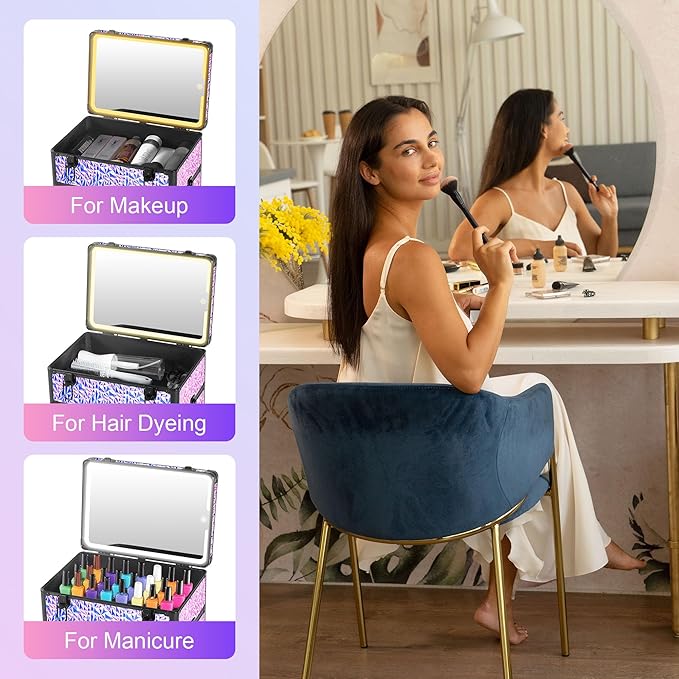 Rolling Makeup Case with Lighted Mirror, Makeup Train Case with Large Drawer, Cosmetology Case, Travel Makeup Organizers, Professional for Salon Barber, Nail, Tattoo, Multicolor Purple