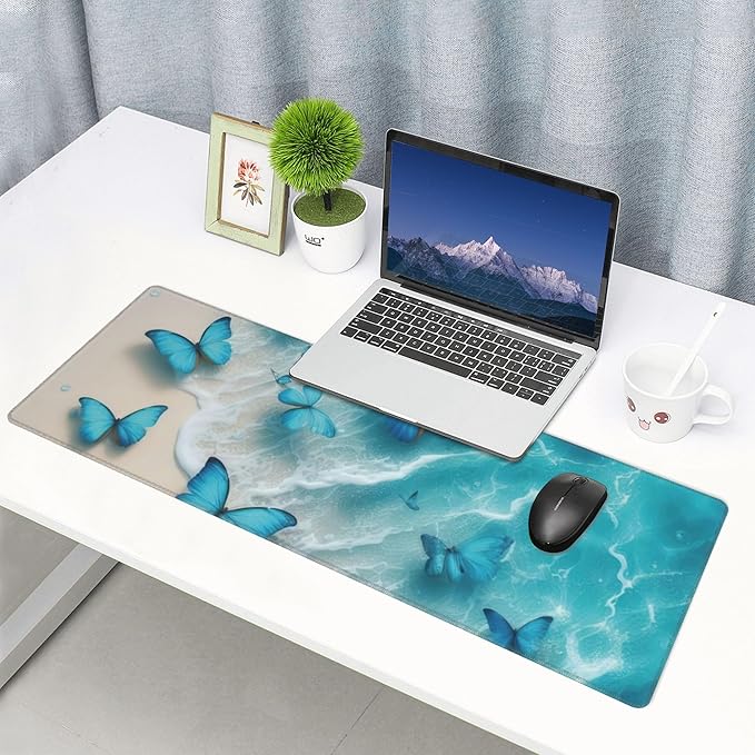 Blue Butterflies Beach Large Mouse Pad, Blue Gaming Desk Mat, XL Keyboard Desk Pad Mat for Desktop, 31.5"x11.8" Non-Slip Base Big Mousepad with Stitched Edges