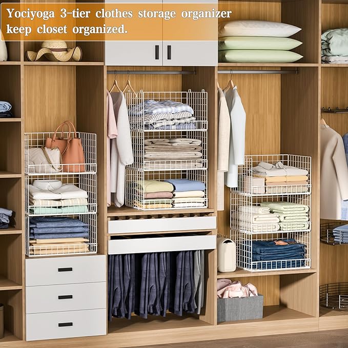Closet Organizers and Storage Basket- 3-Tier Stackable Storage Bins, Foldable Closet Shelf Organizer Basket, Stackable Clothes Organizers Shelves for Home Organizer System