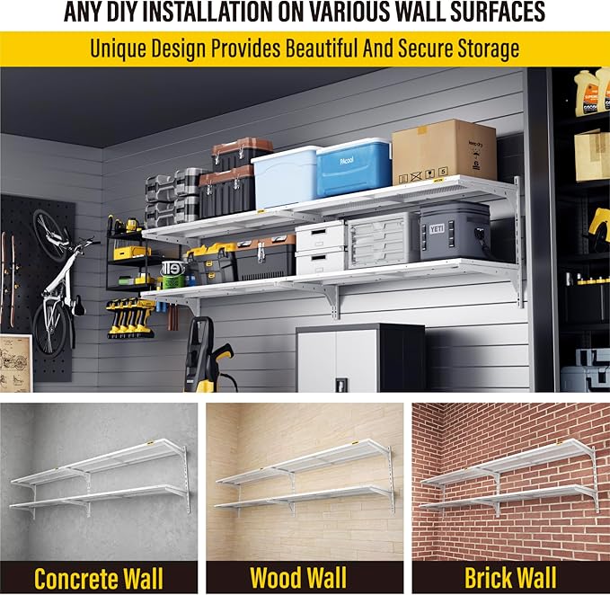2-Pack 2 Tier 1.3x4ft Garage Shelving Wall Mounted, 520lbs Load Capacity，15.6x48inch per Shelf Height Cassette Adjustable Floating Shelves (White)