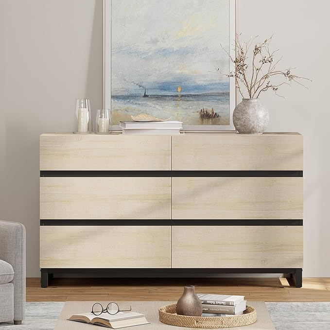 WAMPAT Dresser for Bedroom, Closet Organizers and Storage with 6 Drawers, Chest of Drawers with Metal Base, Modern Wood Dresser for Living Room, Entryway, Light Oak