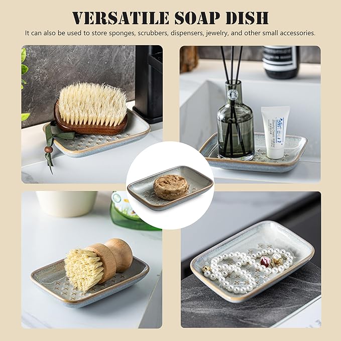 Gomakren Soap Dish, Shower Soap Holder, Ceramic Soap Dishes for Bar Soap Sponge Shampoo, Christmas Soap Saver Tray for Bathroom Kitchen Sink Counter, 5.5 Inch, Gray