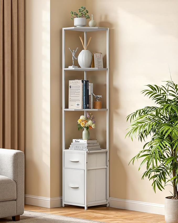 Housolution Corner Shelf Stand with Storage, 63.8'' Tall 6-Tier Corner Bookshelf Includes 2 Fabric Drawers, Freestanding Corners Storage Shelf for Living Room Bedroom Kitchen Bathroom (White)