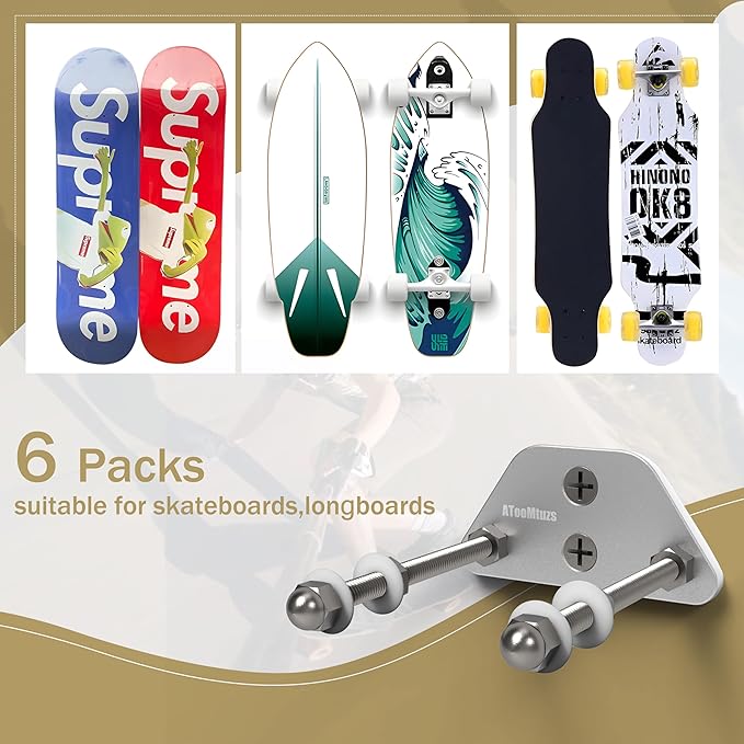 Skateboard Wall Mount Display(6 Packs)-Aluminum Ramp Shape Skateboard Deck Wall Mount with Two Screw Holes for Horizontal and Vertical Hanging Skateboard Display Decor