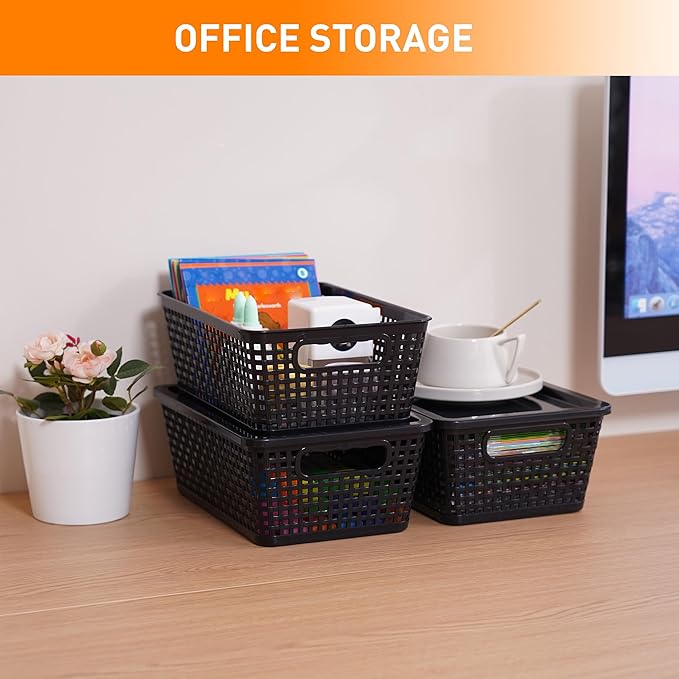 Plastic Storage Baskets With Lid, Storage Bins for Organizing, Stackable Decorative Containers for Shelves Drawers Desktop Closet Playroom Classroom Office,10 Pack-Black