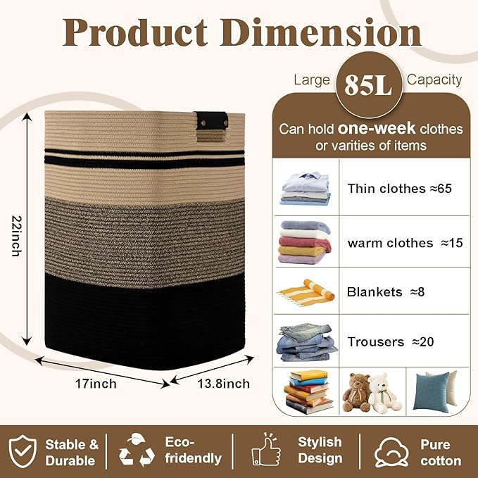 Laundry Hamper, 85L Tall Laundry Basket with Leather Handles, Rectangle Large Clothes Hamper for Organizing, Cotton Woven Laundry Baskets Storage Hampers for Bedroom, Nursery, Living Room