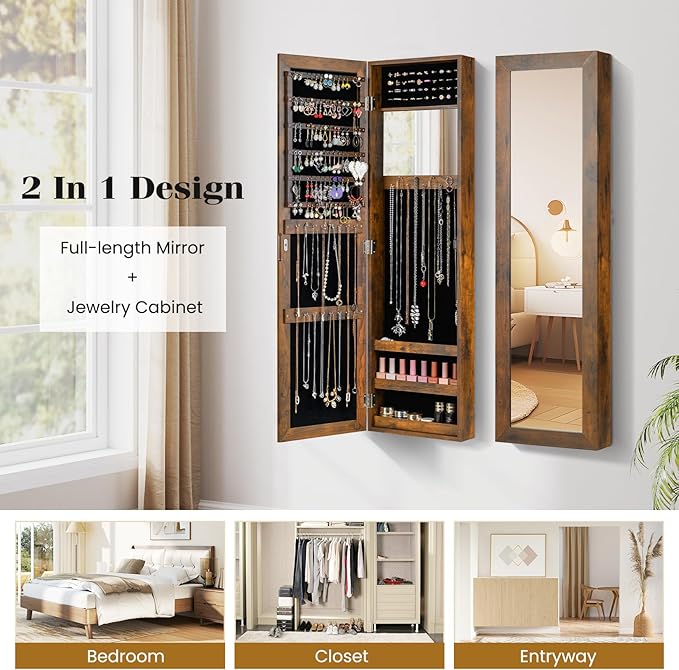 Giantex Wall Mounted Jewelry Cabinet with Full Length Mirror, Over The Door Jewelry Armoire Organizer with Large Storage, Makeup Mirror & Velvet Lining (Rustic Brown)