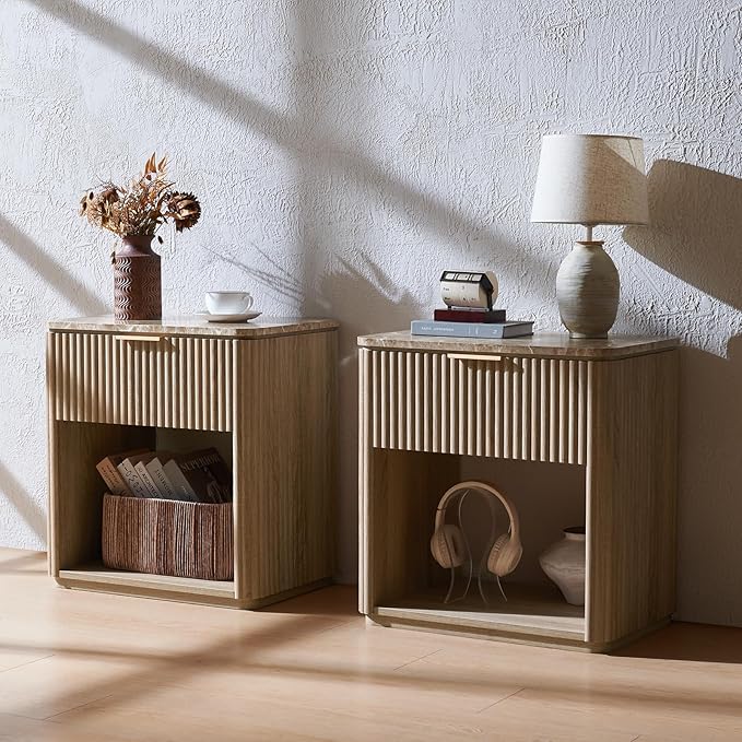 Fluted Nightstand with Drawer, Bedside Table with Faux Marble-Top, Engineered Wood Side Table with Open Shelf, Curved Corners, Metal Handle, Modern Night Stand for Bedroom, Small Spaces, Natural Oak