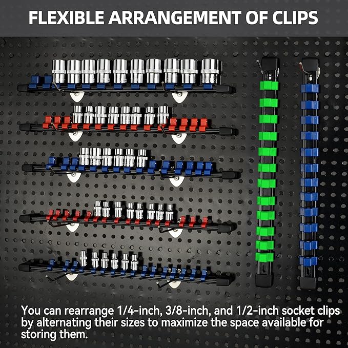 Socket Organizer Drive ABS Tools - Green Socket Holder, Premium Quality 30 Pieces Socket Holders Kit 1/4-Inch x 160 Clips, 3/8-Inch x 150 Clips, 1/2-Inch x 120 Clips（30PC,Green)