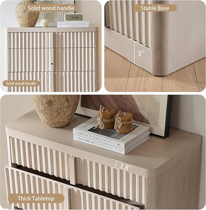 Fluted Dresser for Bedroom, Chest of Drawers, 48" Tall 6 Drawer Dresser, Curved Profile Design, Modern Wooden Chest of Drawers with Solid Wood Handle for Living Room, Bedroom, Hallway