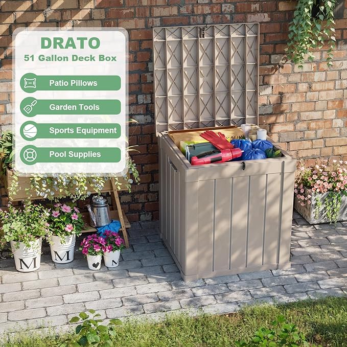DRATO 50 Gallon Deck Box, Outdoor Storage Box for Patio Cushion, Garden Tools, Waterproof Patio Storage box, Lockable (Gray，50 Gallon)