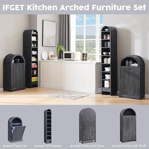 Arched Tilt-Out Trash Can Cabinet, Fluted 10 Gallon Trash Can with Open Shelf, Modern Laundry Hamper Cabinet, Hidden Garbage Can with Storage Basket for Kitchen, Living Room, Dark Grey