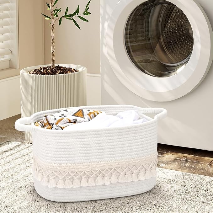3 Pack Storage Basket for Shelves, Boho Cotton Rope Storage Bins with Heavy Tassel, Shelf Baskets Large Woven Baskets for Organizing, Cube Organizer Bins, Baby Laundry Basket for Clothes, Toys, Pets