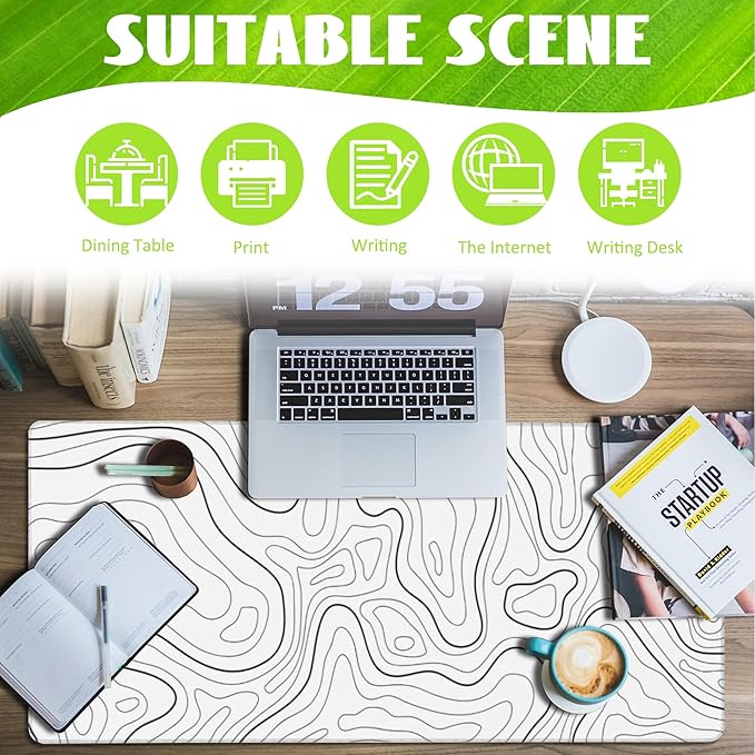 Desk Mat,White Topographic Contour Map Desk Pad,Topographic Contour Large Gaming Mouse Pad for Desk,Extended Big Computer Keyboard Mouse Pad with Non-Slip Base and Stitched Edge,35.4"x15.7"