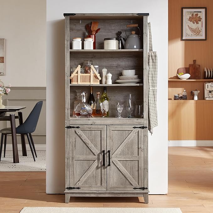 70in Tall Bookshelf 5 Tier Bookcase with Barn Doors and Adjustable Shelves, Grey Farmhouse Book Shelf with Storage Cabinet, Wood Freestanding Display Bookshelves for Bedroom, Kitchen (2 PCS)