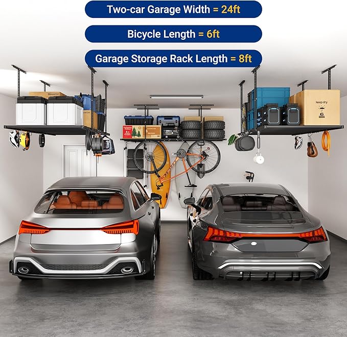 FLEXIMOUNTS 4x8 Overhead Garage Storage Rack with 6 Hooks, Adjustable Storage Organization System, Heavy-Duty Metal Ceiling Racks, 22.6" -39.4" Ceiling Dropdown, 2 Pack, Black, Lite Series
