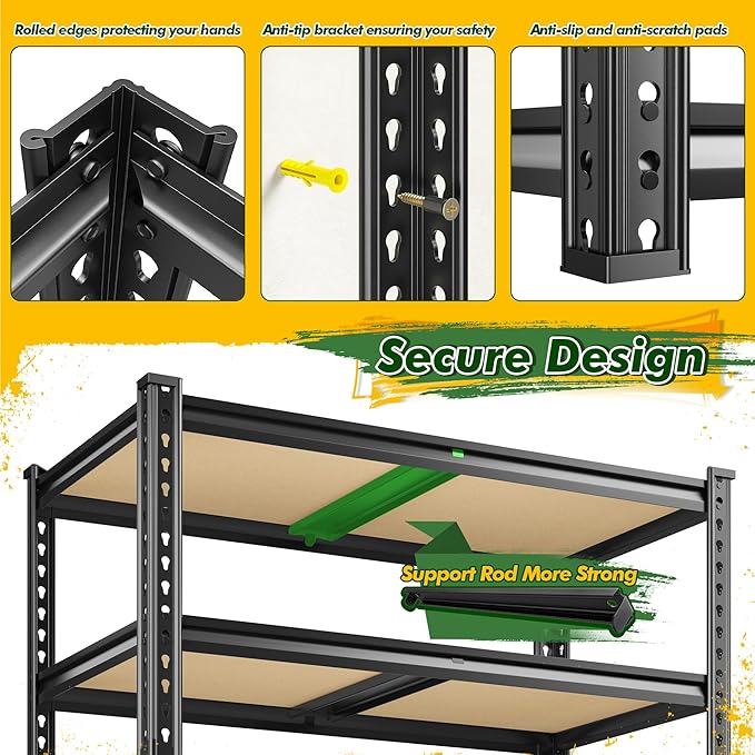72.1" H Garage Shelving 2030LBS Garage Storage Shelves, 5 Tier Adjustable Metal Shelving, Storage Shelves for Storage, Basement, Warehouse, Pantry, Kitchen, 35.5" W x 15.7" D x 72.1" H, Black