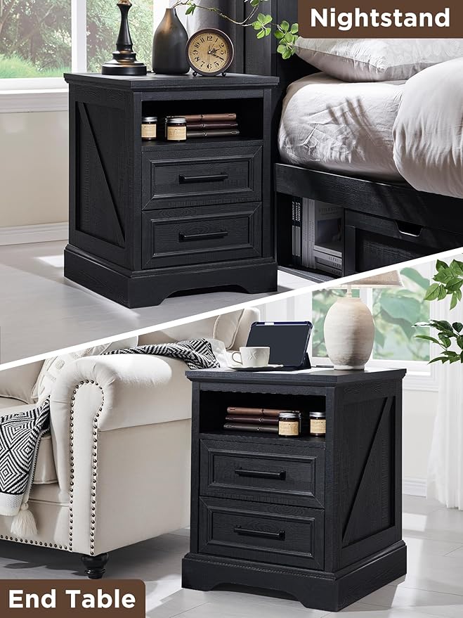 ACCOHOHO 18" Farmhouse Nightstand with Charging Station,End Table with 2 Drawers Storage,Side Table,Bedside Cabinet for Bedroom,Living Room,Black