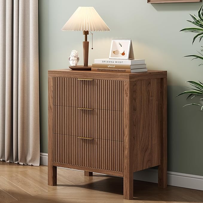 6 Drawer Dresser, Chest of Drawers Organizer with Waveform Panel, Large Fluted Dresser with Wide Drawers and Golden Handles, Wood Storage for Bedroom, Hallway, Entryway, Walnut