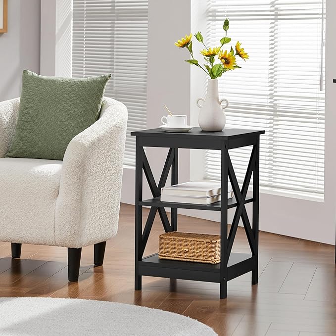 Yaheetech Black End Table Set of 2, 16x16x24 in Sturdy 3-Tier Side Tables with Storage Shelf & Solid Wood Legs, 2Pcs X-Design Modern Sofa Side Table for Living Room Office, Easy Assembly