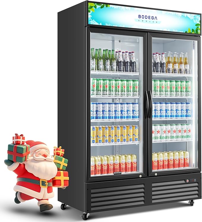 BODEGACOOLER Commercial Merchandiser Refrigerator, 2 Glass Door Commercial Beverage Refrigerator, 40 Cu. Ft Beverage Display Cooler with Soft LED Light, Adjustable Shelves and 4 Strong Castors(Black)