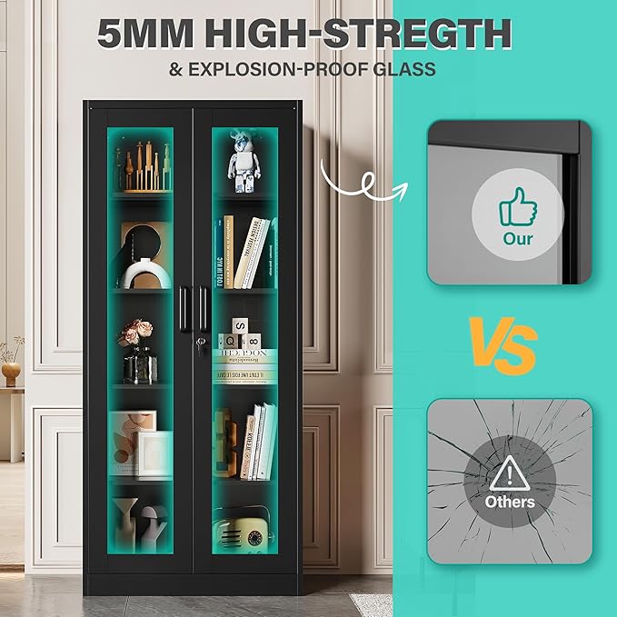 SISESOL Metal Storage Cabinet with Lock and Glass Doors,Glass Display Cabinet,67" Tall Black Storage Cabinets,Locking Curio Cabinets with 5 Shelves for Collectibles,Home,Office,Living Room