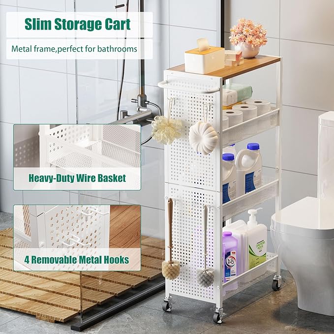 4-Tier Slim Storage Cart with Wheels,Small Mobile Organizer Shelf with Wooden Top & Metal Handle for Kitchen, Laundry Room, Bathroom, Office (White, 9.1 inch)