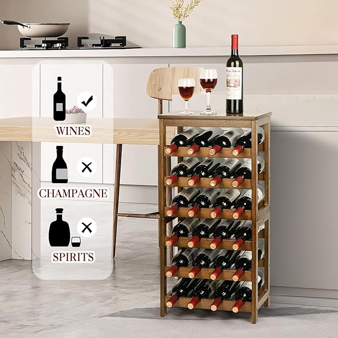 VASMIA Wine Rack Freestanding Floor, 6-Tier Display Wine Storage Shelves with Table Top, 24-Botttle Bamboo Wine Rack Shelf for Kitchen Bar Dining Room Living Room, Walnut