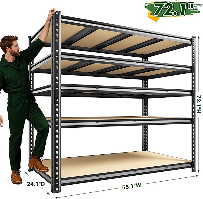 55.1" W Garage Shelves 2230LBS Storage Shelves, 5 Tier Adjustable Metal Shelving, Garage Shelving for Storage, Basement, Warehouse, Pantry, Kitchen, 55.1" W x 24.1" D x 72.1" H, Black