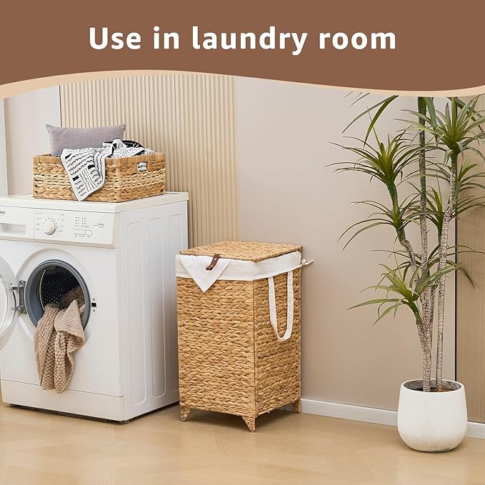 Laundry Hamper with Lid and Removable Liner Bag, Handwoven Natural Hyacinth Clothes Hamper with Heightened Feet, Wicker Laundry Basket for Clothes and Towels，Small