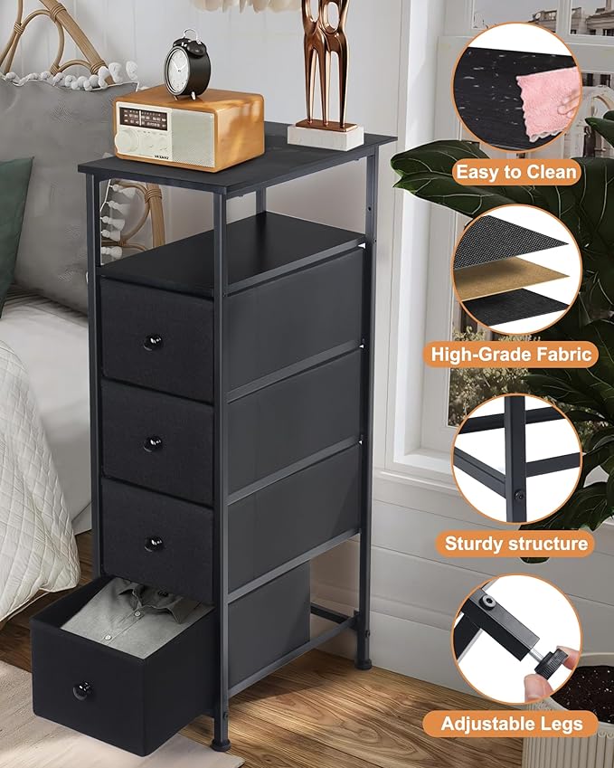 Narrow Dresser for Bedroom, Fabric Tall Dresser & Chests of Drawers with 4 Drawers, Vertical Organizer Storage Tower Unit for Bedroom, Hallway, Entryway Balck