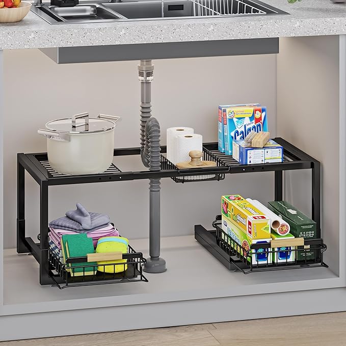 Under Sink Organizer,Pull Out Storage Organizer,2 Tier Sliding Sink Organizer Under Cabinet For Kitchen,Bathroom