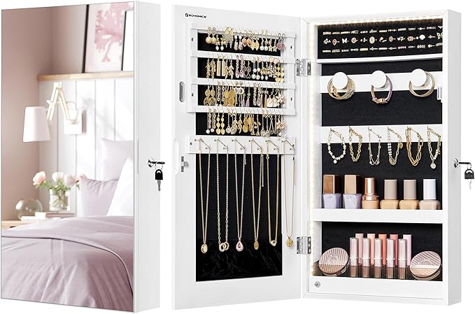 SONGMICS Mirror Jewelry Cabinet Armoire with Built-in LED Lights, Wall or Door Mounted Jewelry Storage Organizer, 3.8 x 14.6 x 26.4 Inches Hanging Mirror Cabinet, Christmas Gift Idea, White UJJC050W01