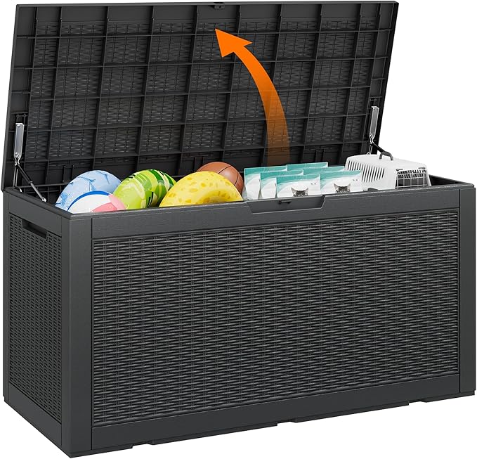 100 Gallon Outdoor Storage Box Waterproof, Resin Deck Box Doubles as 2-Person Bench Seat, Lockable Patio Storage Boxes Outdoor Waterproof for Furniture, Gardening Tools, Black