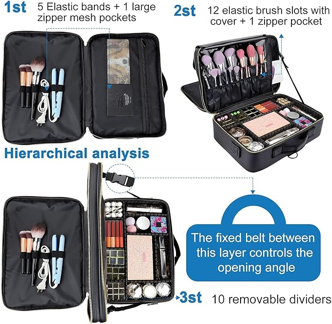 JOURMON Travel Makeup Train Case,Large Capacity Cosmetic Bags for Women,Portable Makeup Bag Organizer with Adjustable Dividers & Shoulder Strap(Black, L)