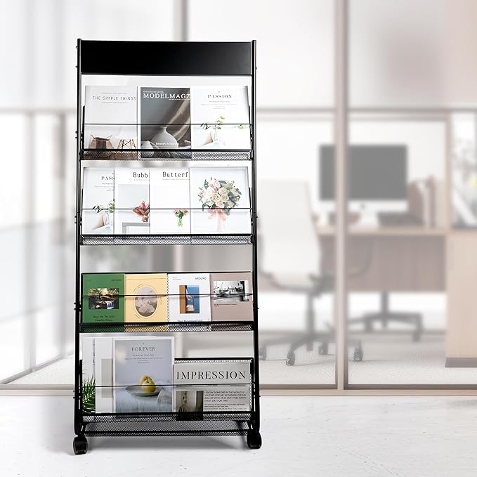 Floor Magazine Rack Brochure Display Stand 4-Layer With Wheels And Top Billboard, Newspaper Magazine Holder High-Hardness For Office Exhibitions, Black (57.5''*25''*13.2'')