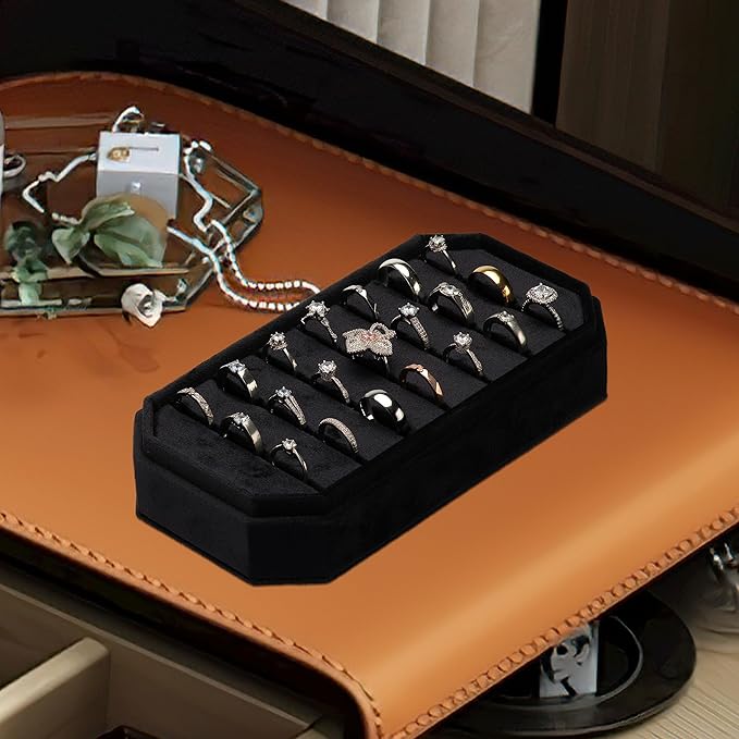 Velvet Ring Organizer Display Tray Jewelry Box Earring Holder Case for Wedding Birthday Christmas Day (Black)
